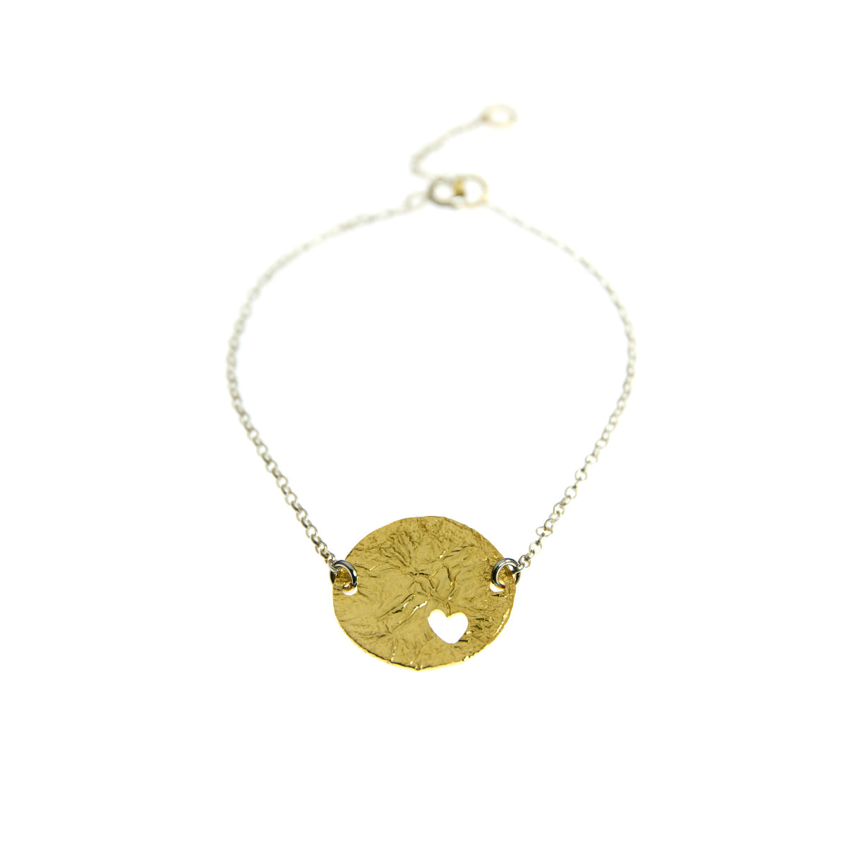 SILVER DISK BRACELET - GOLD PLATED -  WITH A CUT HEART - kosznikjewellery