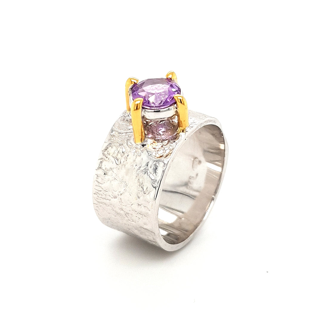 SILVER GOLD PLATED RING WITH NATURAL AMETHYST STONE - kosznikjewellery