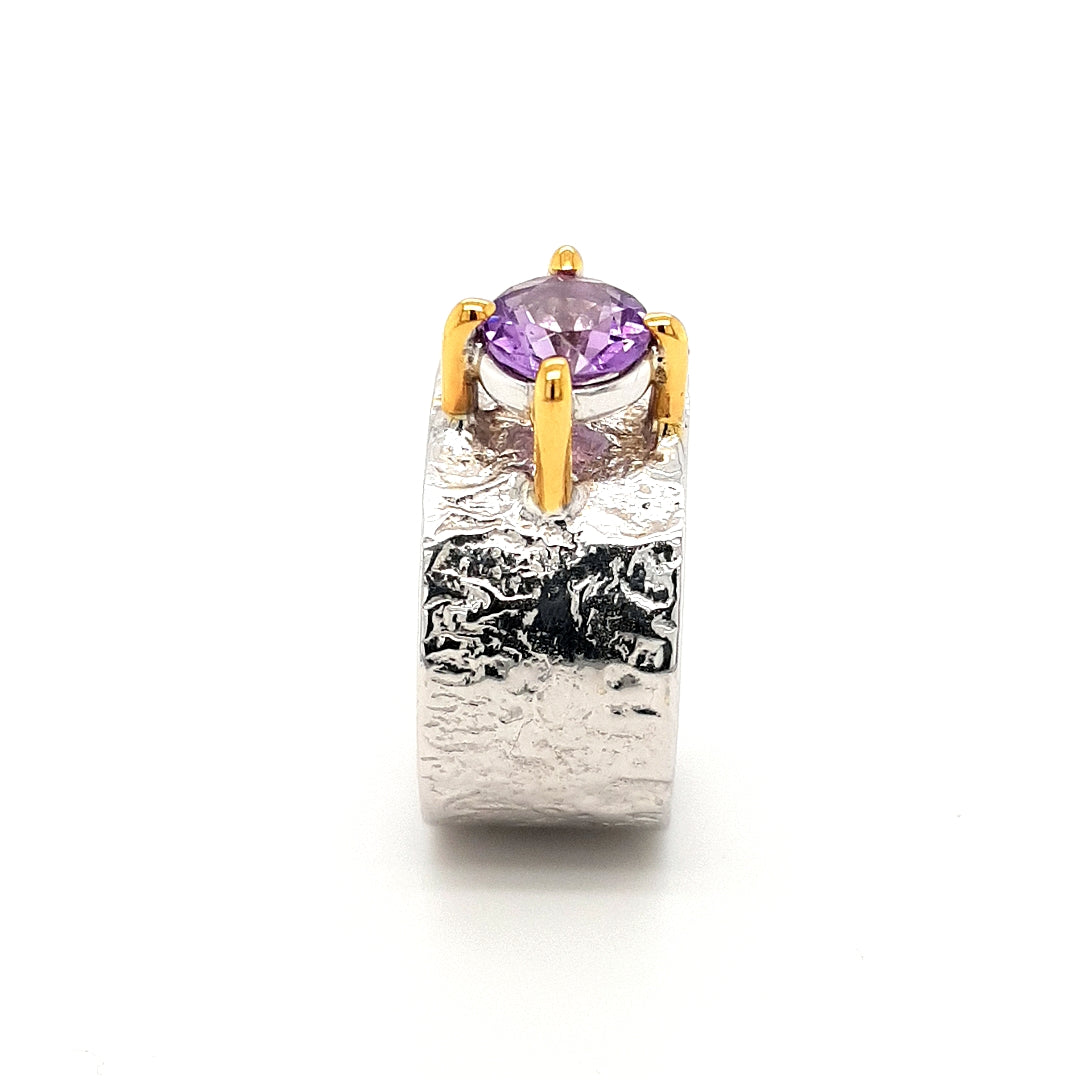 SILVER GOLD PLATED RING WITH NATURAL AMETHYST STONE - kosznikjewellery