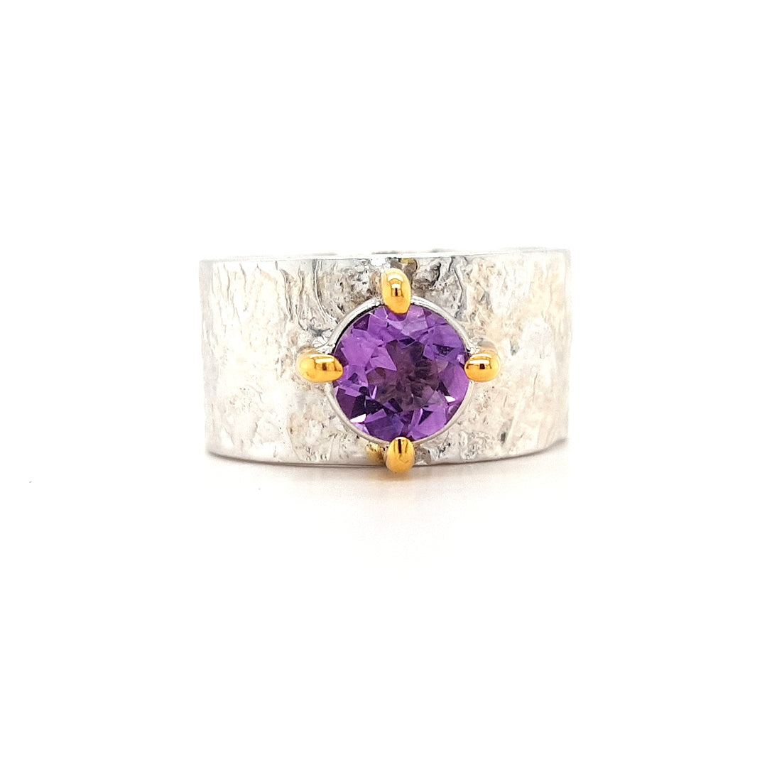 SILVER GOLD PLATED RING WITH NATURAL AMETHYST STONE - kosznikjewellery