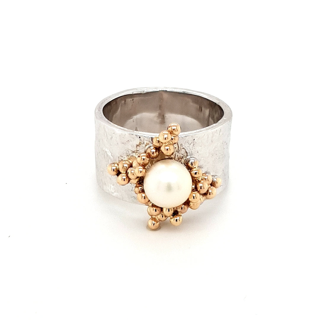 SILVER RING - 9ct. GOLD - WITH NATURAL PEARL STONE - kosznikjewellery
