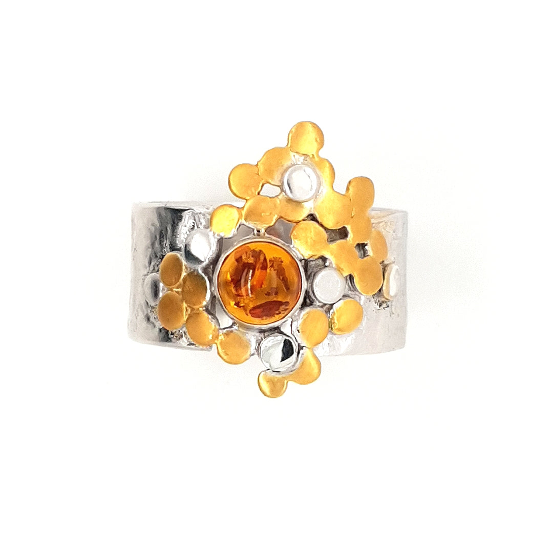 SILVER RING - GOLD PLATED - WITH NATURAL BALTIC AMBER STONE - kosznikjewellery