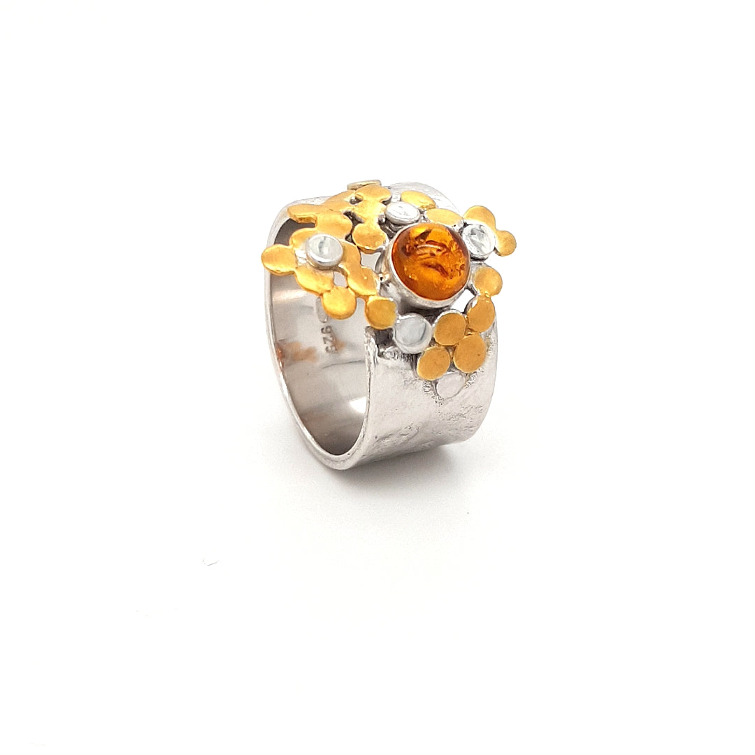 SILVER RING - GOLD PLATED - WITH NATURAL BALTIC AMBER STONE - kosznikjewellery
