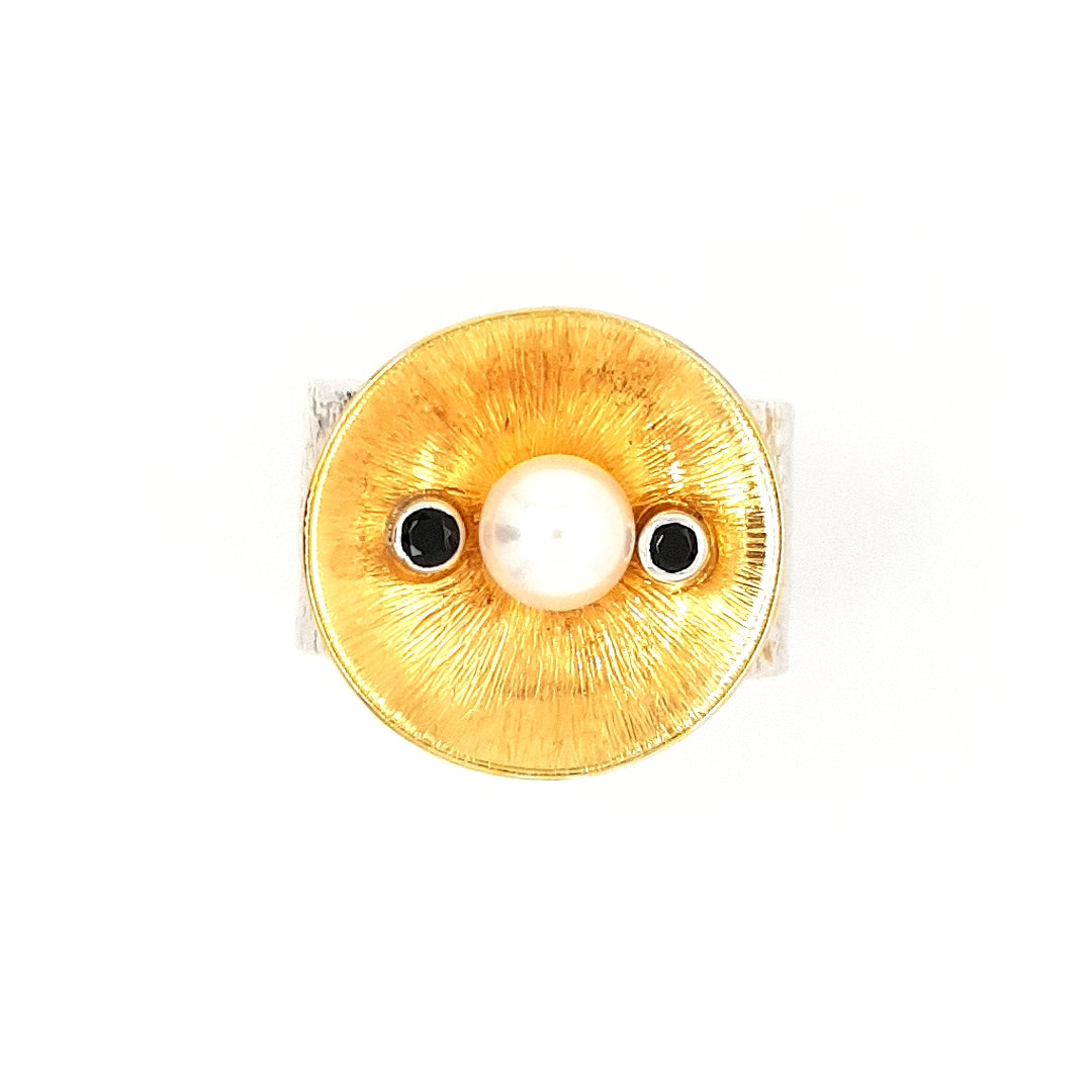 SILVER RING - GOLD PLATED - WITH NATURAL PEARL AND ONYX STONES - kosznikjewellery