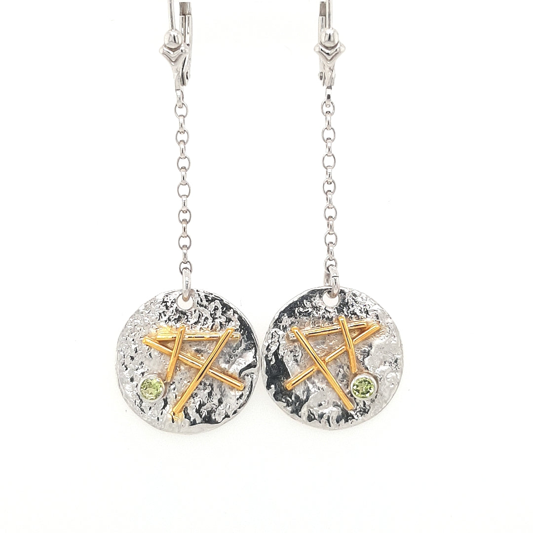 SILVER DISK EARRINGS - GOLD PLATED - WITH NATURAL PERIDOT STONE - kosznikjewellery