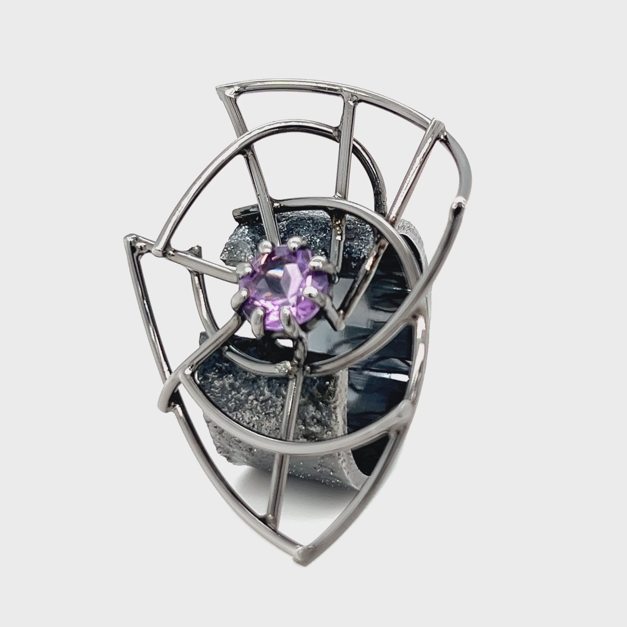 Spider Web- Ring with Amethyst – Sterling Silver, Black Rhodium